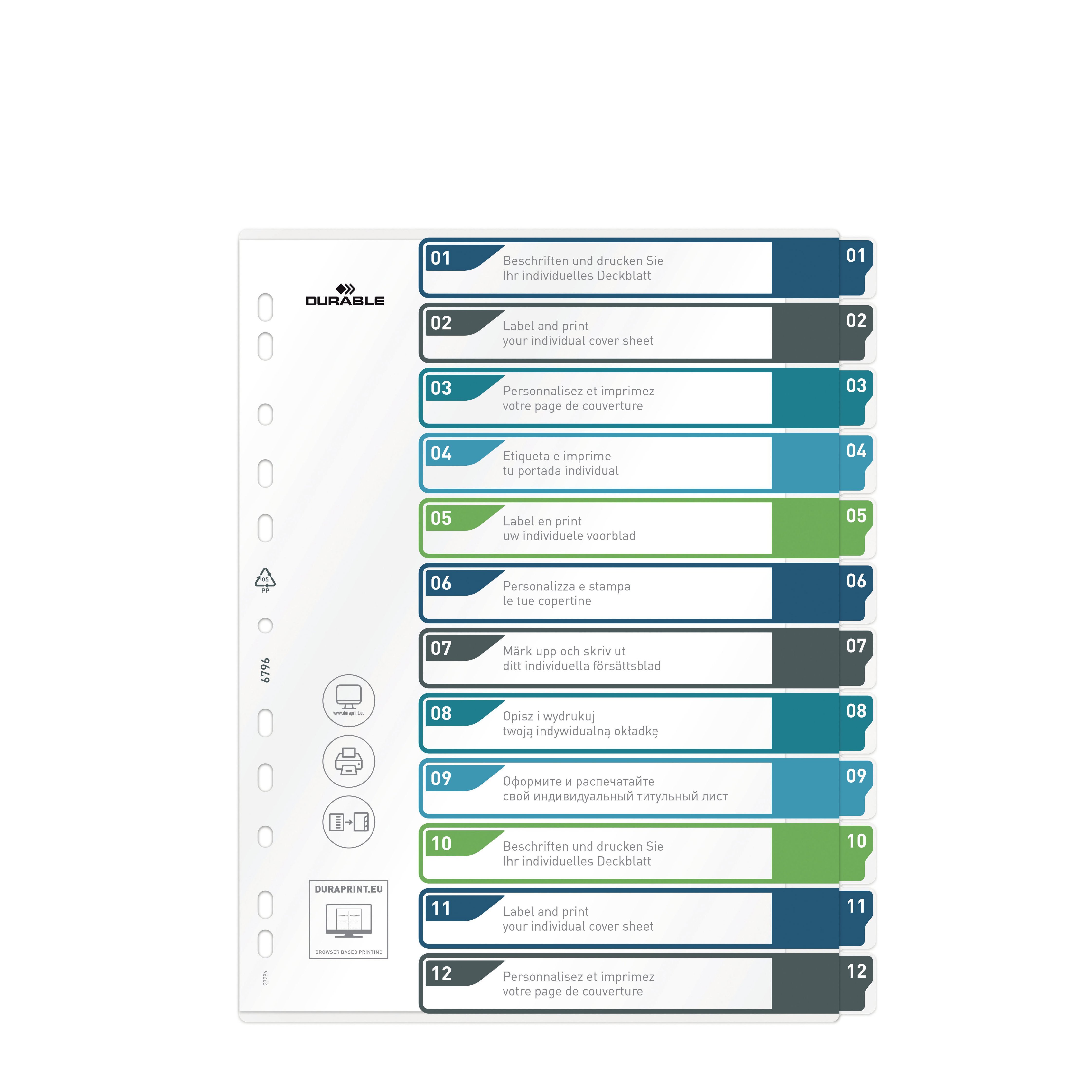 Durable - Ordnerregister (12 Registerblätter, Polypropylen, farbig sortiert, volle Höhe)