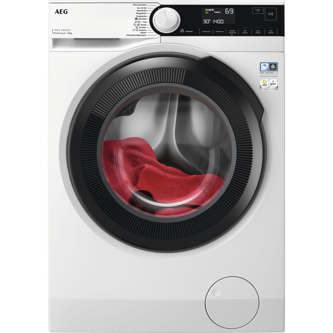 AEG - LR7A70690 (Frontlader, 9 kg, 1600 U/Min, Edelstahl, freistehend, Wassermengenzähler)