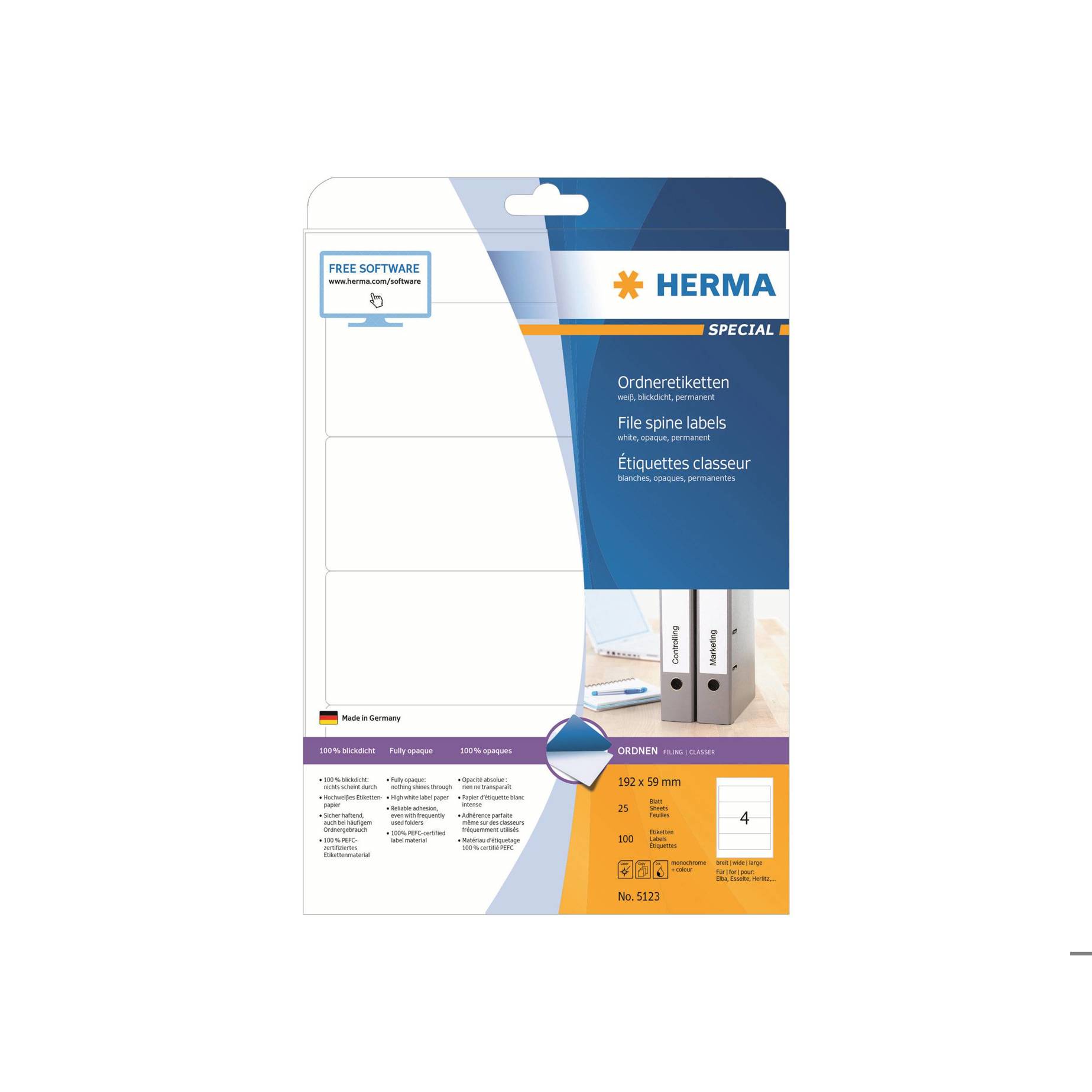 Herma - 192 x 59 mm 100 Etiketten (25 Bogen x 4) - Spezialpapier matt, permanent selbstklebend, perforiert, weiß