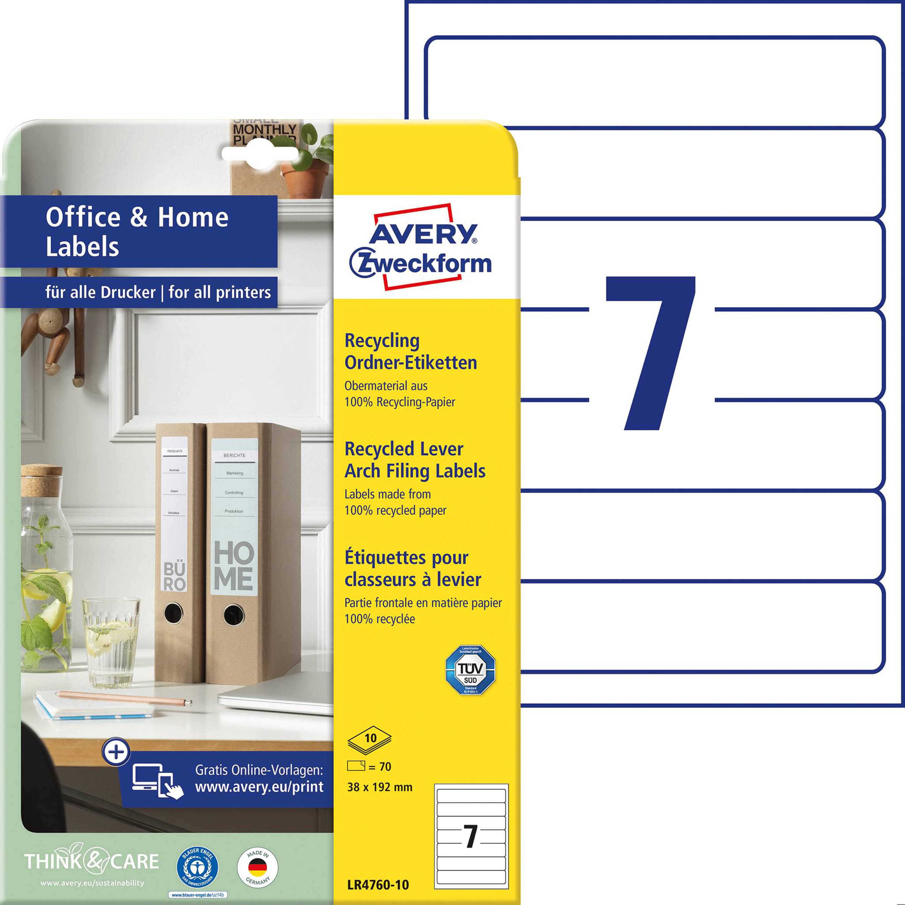 Avery-Zweckform Ordner-Etiketten LR4760-10 38 x 192 mm Recycling-Papier Weiß Permanent haftend 70 St.