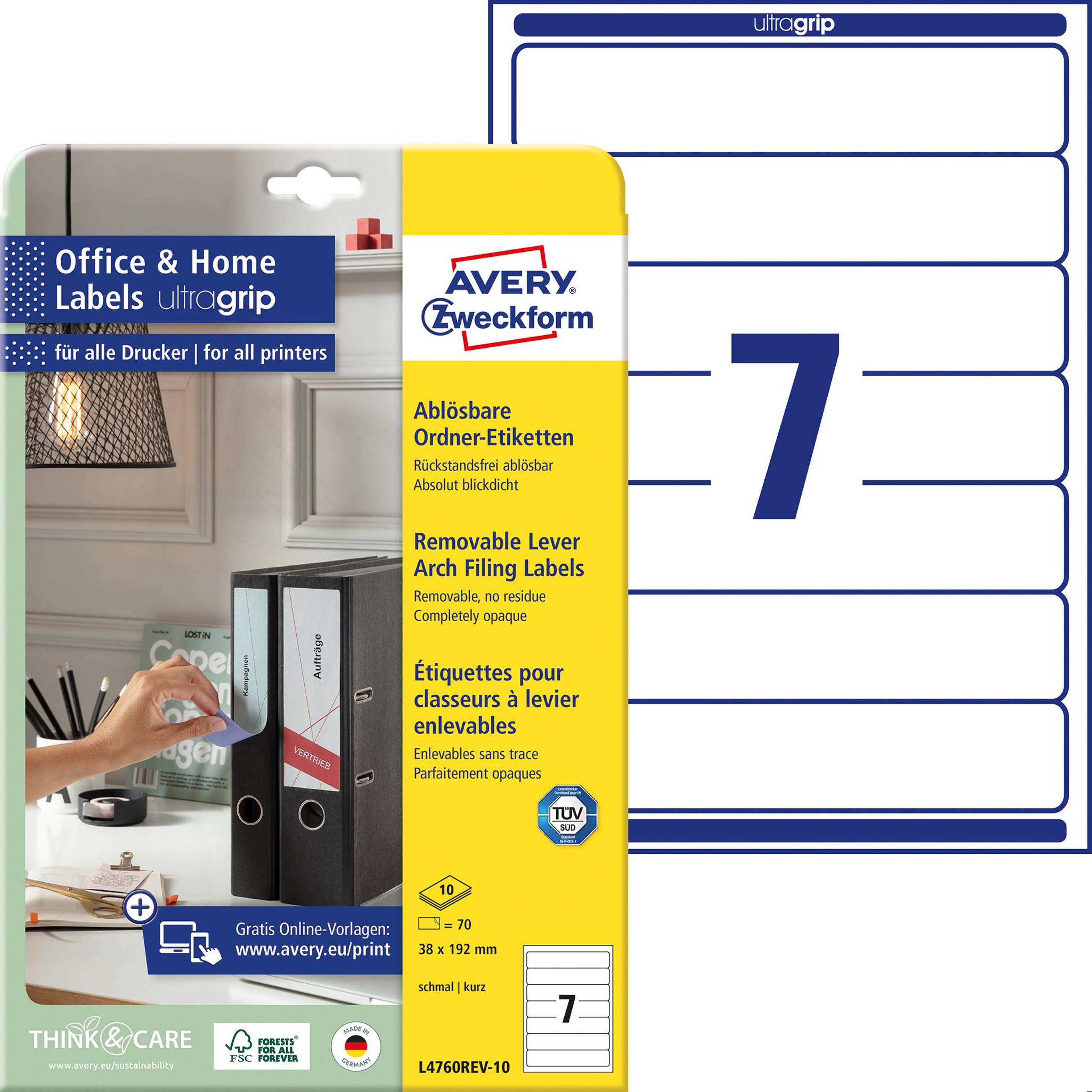 Avery-Zweckform Ordner-Etiketten L4760REV-10 38 x 192 mm Papier Weiß Wiederablösbar 70 St.