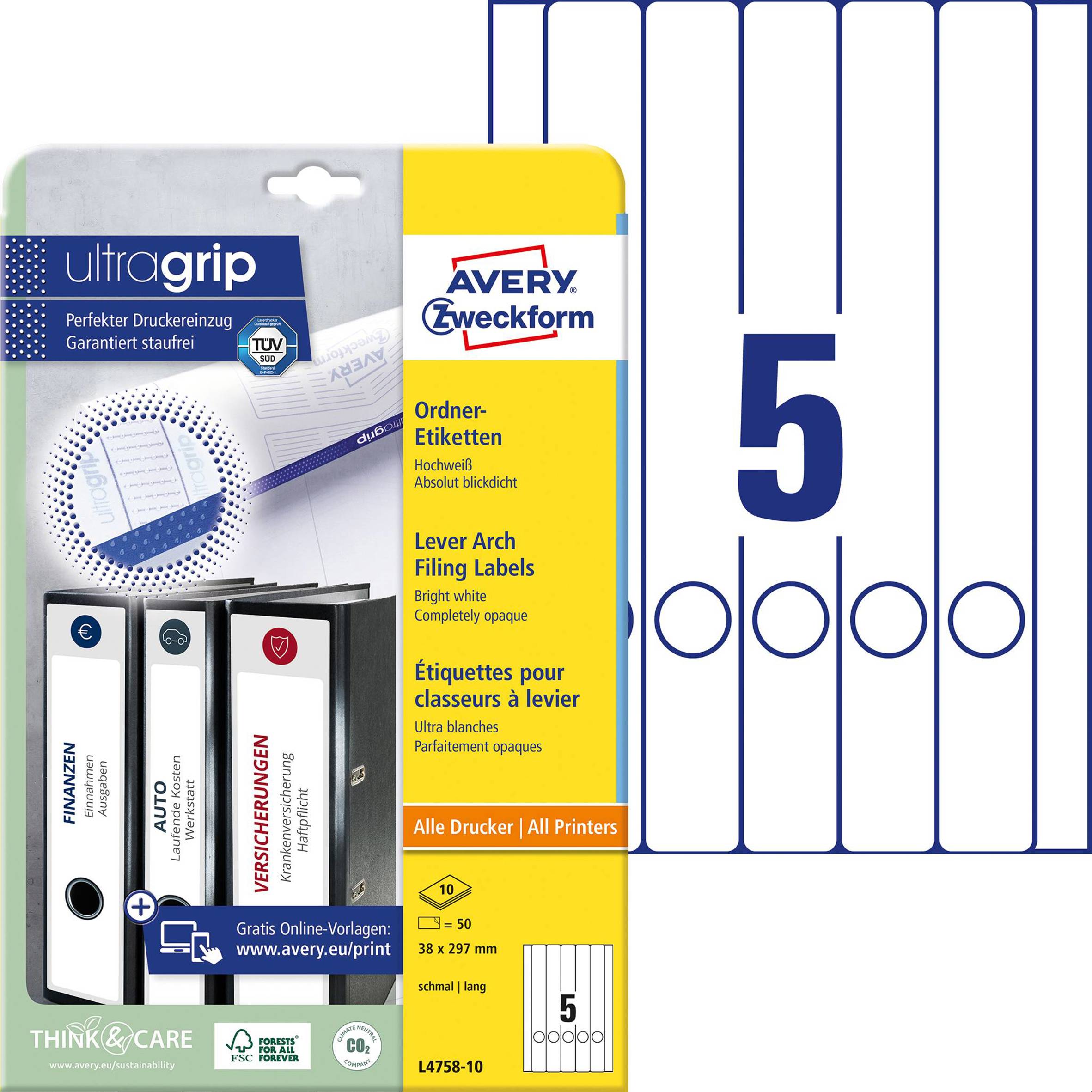 Avery-Zweckform Ordner-Etiketten L4758-10 38 x 297 mm Papier Weiß Permanent haftend 50 St.