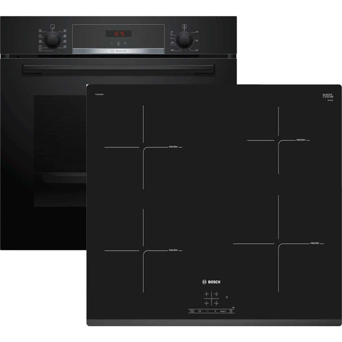 Bosch - HBA534EB0 + PUE631BB2E (Schwarzer Elektrobackofen & Induktionskochfeld-Kombination mit LED Display und 3D Heißluft Technologie)