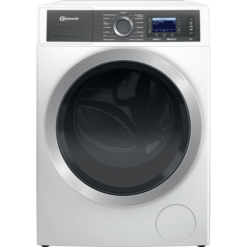 Bauknecht- B6 88 - Frontlader Waschmaschine (8 kg, Dampffunktion, 1.400 U/Min, LCD Display, freistehend, silbernes Bullauge)