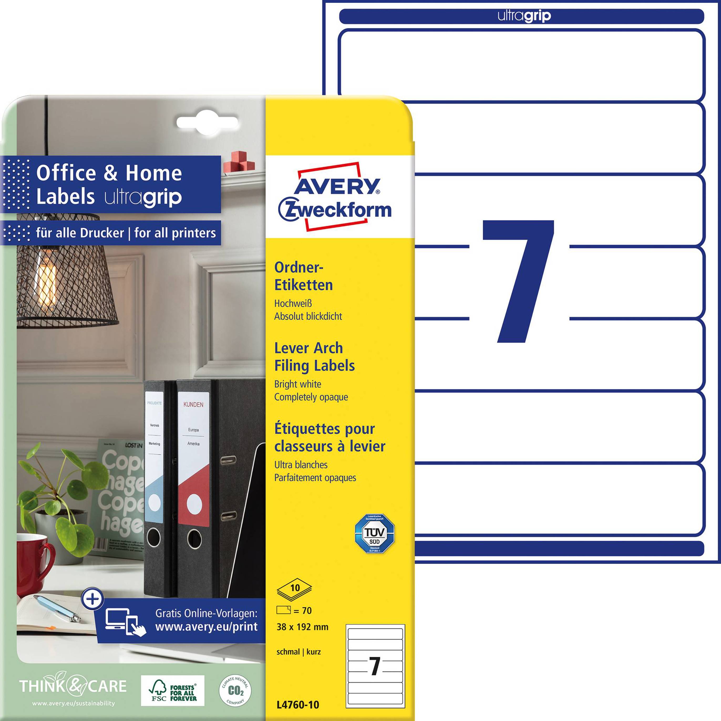Avery-Zweckform Ordner-Etiketten L4760-10 38 x 192 mm Papier Weiß Permanent haftend 70 St.