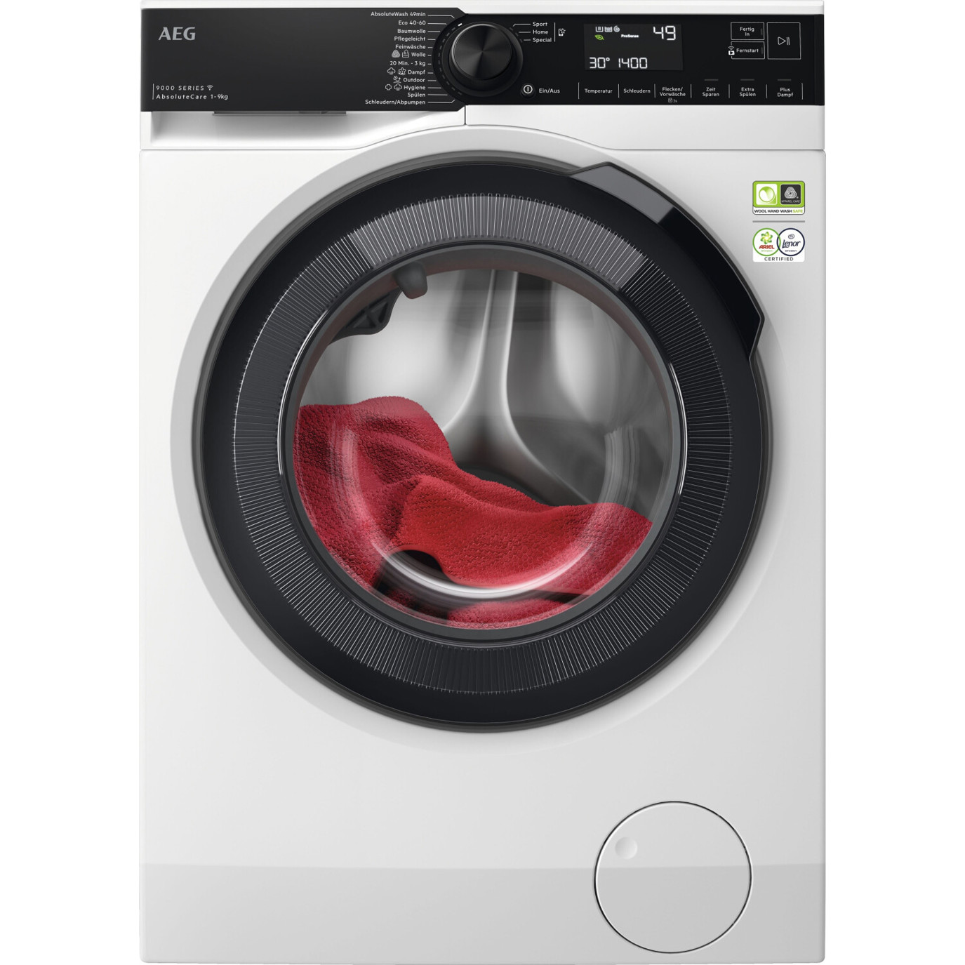 AEG - LR9W75490 (Weiß, 9 kg, Frontlader, Smart Waschmaschine) - LED Display, 1400 U/Min, WiFiConn@ct