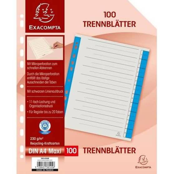 Exacompta - A4 230g/qm Karton - Register Blau (Blauer Engel DE-UZ 14b) VE=100 Stück