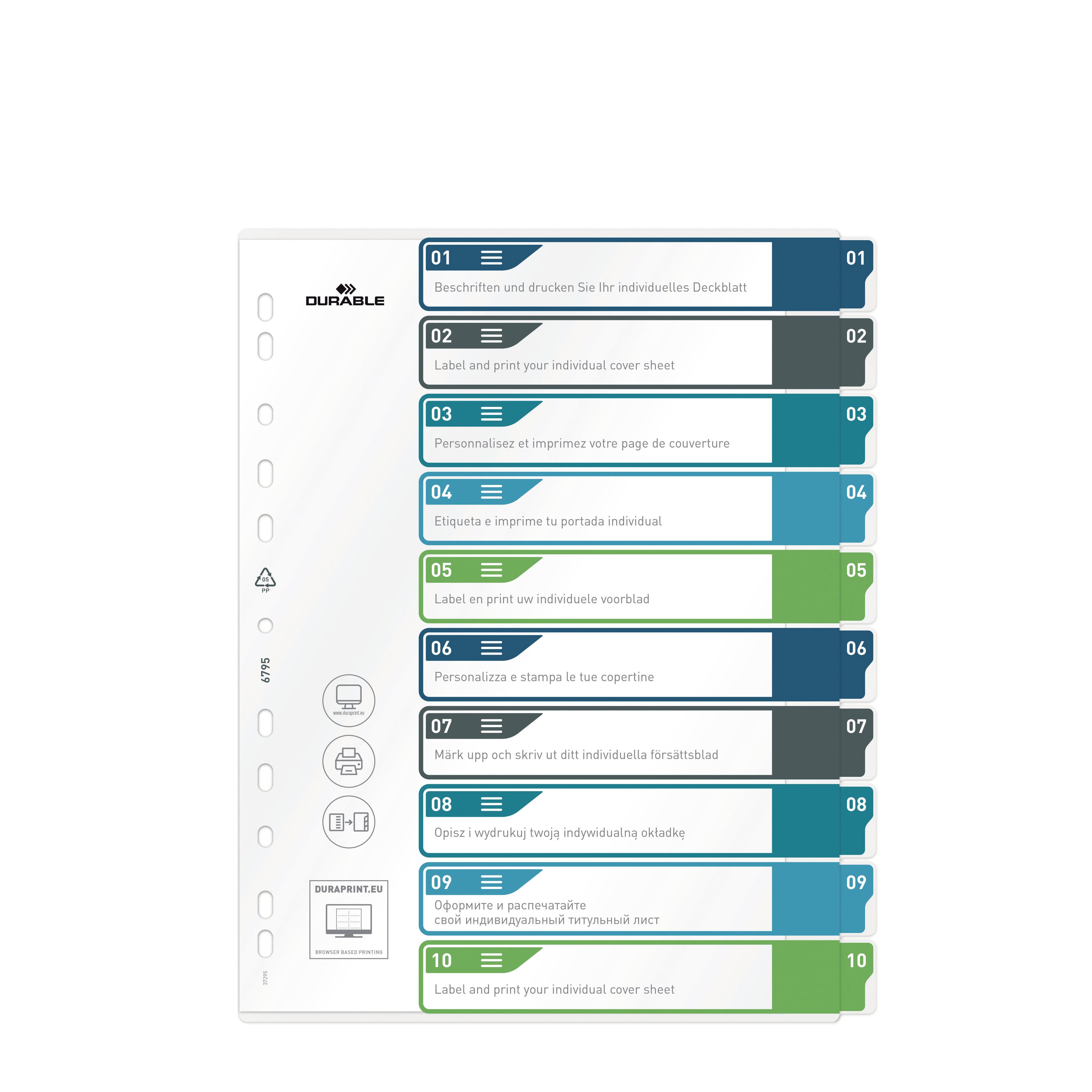 Durable - Ordnerregister - Universallochung-Beschriftungsschild auswechselbar-10 Registerblätter-Polypropylen farbig sortiert, DIN A4+ (245mm x 305mm)