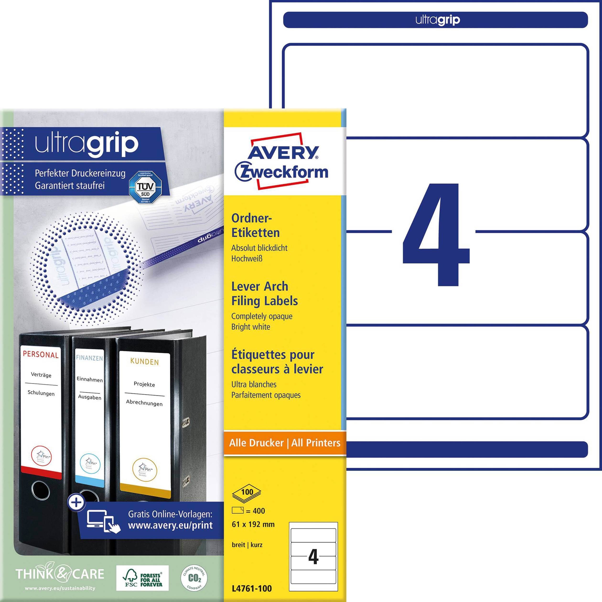 Avery-Zweckform Ordner-Etiketten L4761-100 61 x 192 mm Papier Weiß Permanent haftend 400 St.